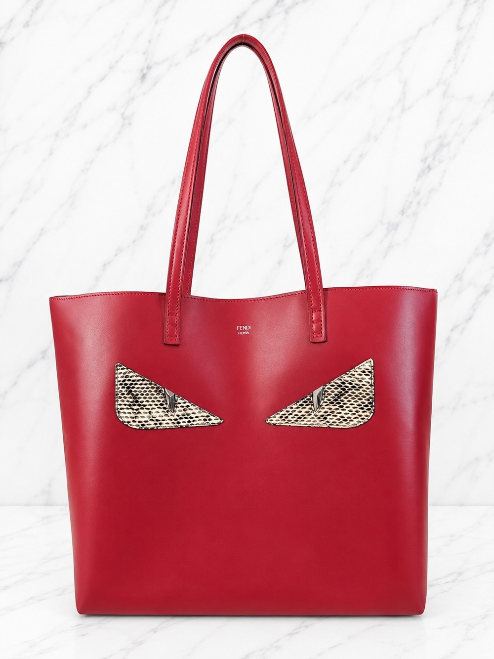 Fendi Red Leather Tote with Snake-Print Eye Appliqués